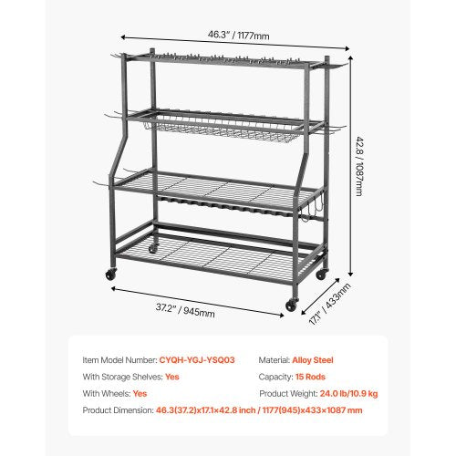 Fishing Rod Holder for 15Rods Mobile Fishing Pole Rack Cart with Wheels