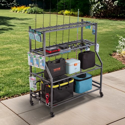 Fishing Rod Holder for 15Rods Mobile Fishing Pole Rack Cart with Wheels