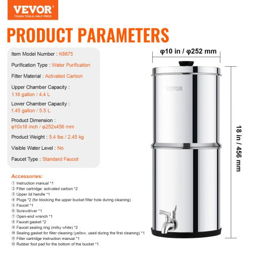 Gravityfed Water Filter System 15G 304 StainlessSteel Countertop System