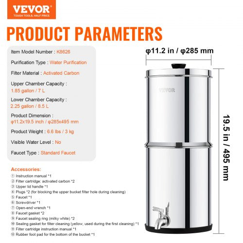 Gravityfed Water Filter System 225G 304 StainlessSteel Countertop