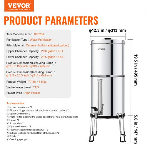 Gravityfed Water Filter System 225G 304 StainlessSteel Countertop Water