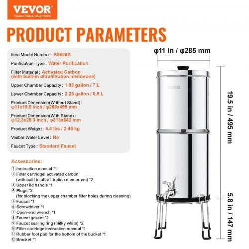 Gravityfed Water Filter System 225G 304 StainlessSteel Countertop Water