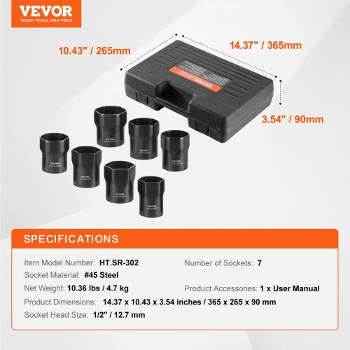 Wheel Bearing Locknut Socket Set 12 inch Drive 7 Piece SAE and Metric