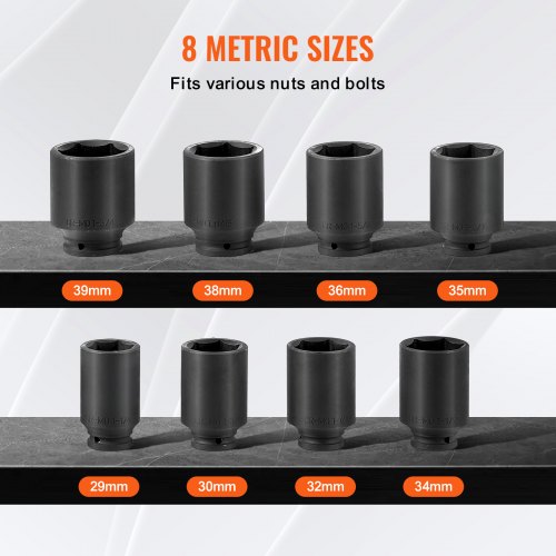 Axle Nut Impact Socket Set 12 Drive Deep 12Point 8Piece Metric Spindle