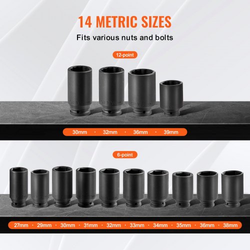 Axle Nut Impact Socket Set 12 Drive Deep 612Point 14PCS Metric Socket