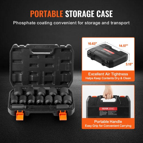 Axle Nut Impact Socket Set 12 Drive Deep 612Point 14PCS Metric Socket