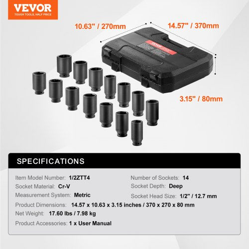 Axle Nut Impact Socket Set 12 Drive Deep 612Point 14PCS Metric Socket
