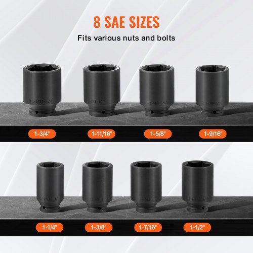 Axle Nut Impact Socket Set 12 Drive Deep 6Point 8Piece SAE Spindle Nut