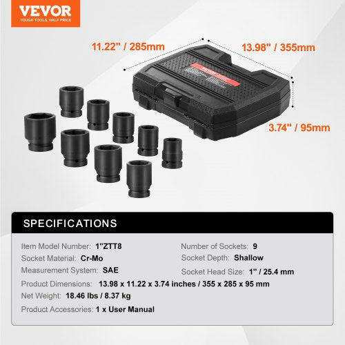 Axle Nut Impact Socket Set 1 Drive 6Point 9Piece SAE Spindle Nut Socket
