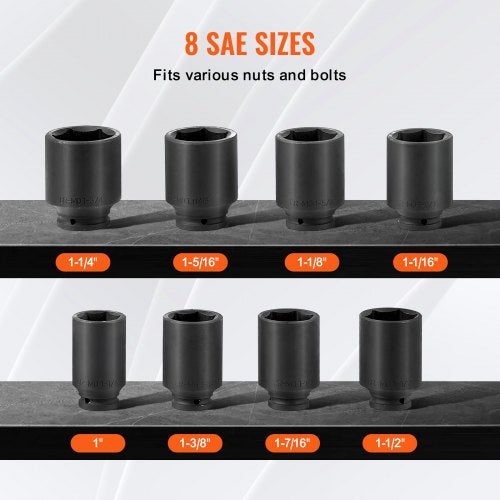 Axle Nut Impact Socket Set 34 Drive Deep 6Point 8Piece SAE Spindle Nut