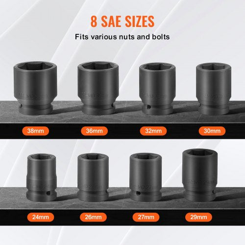 Axle Nut Impact Socket Set 34 Drive 6Point 8Piece Metric Spindle Nut
