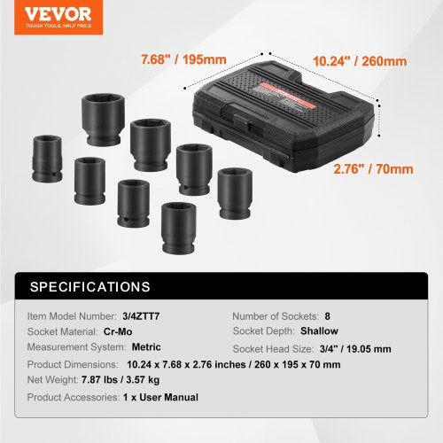 Axle Nut Impact Socket Set 34 Drive 6Point 8Piece Metric Spindle Nut