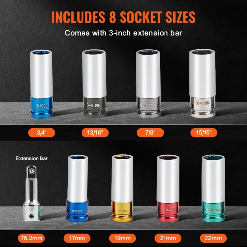 Lug Nut Impact Socket Set 12 inch Drive Metric and SAE 6Point Deep Socket