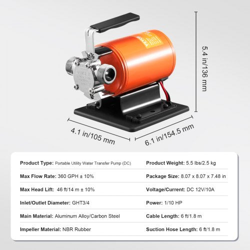 Water Transfer Pump 12V DC 360 GPH 110HP Portable Electric Utility Pump