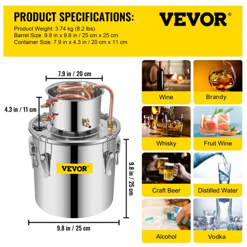 Alcohol Still 3Gal12L Stainless Steel Alcohol Distiller Copper Tube Home