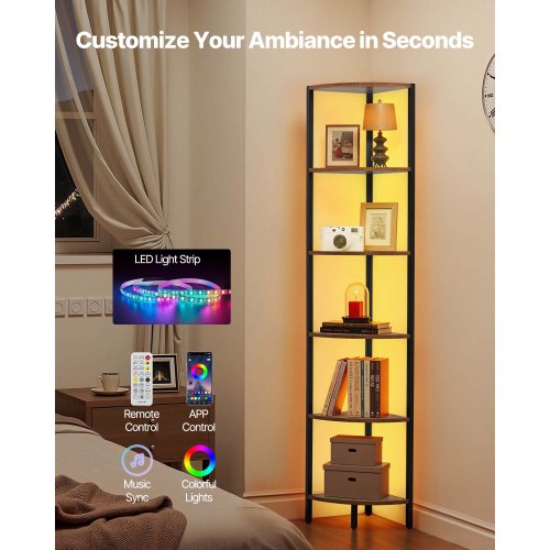 6 Tier Corner Shelf with LED Light 68 Tall Corner Bookshelf with Storage