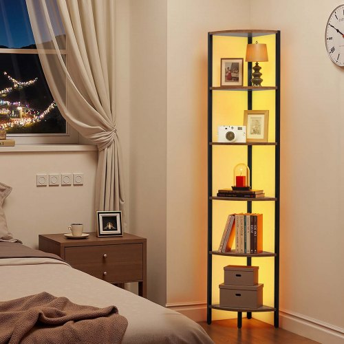 6 Tier Corner Shelf with LED Light 68 Tall Corner Bookshelf with Storage