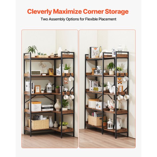 5 Tier Corner Bookshelf with 4 Hooks 654 Tall Corner Bookcase with Heavy