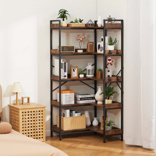 5 Tier Corner Bookshelf with 4 Hooks 654 Tall Corner Bookcase with Heavy