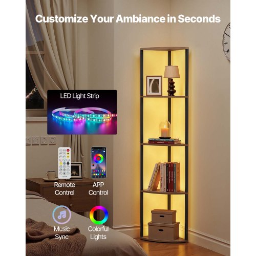 5 Tier Corner Shelf with LED Light 64 Tall Corner Bookshelf with Storage