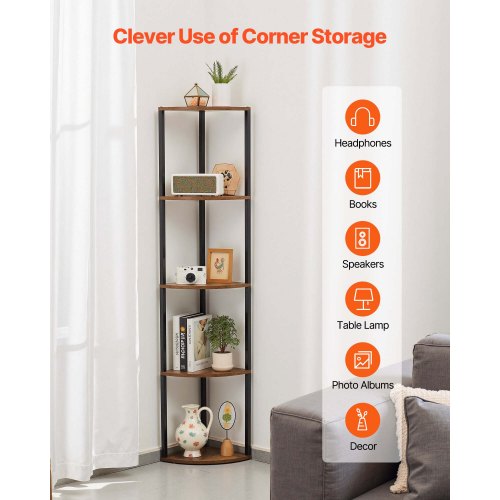 5 Tier Corner Shelf with LED Light 64 Tall Corner Bookshelf with Storage