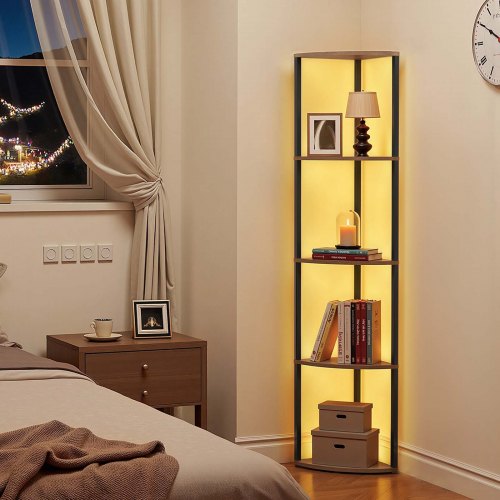 5 Tier Corner Shelf with LED Light 64 Tall Corner Bookshelf with Storage
