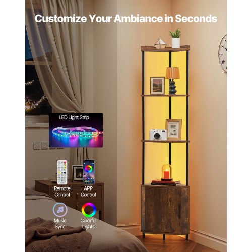 5 Tier Corner Shelf with LED Light 654 Tall Corner Bookshelf with Storage