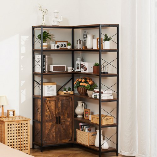 6 Tier Corner Bookshelf 70 Tall Corner Bookcase with Storage Cabinet 2