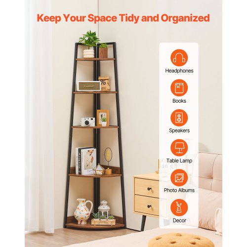 5 Tier Corner Shelf 70 Tall Corner Bookshelf with Metal Frame Wooden