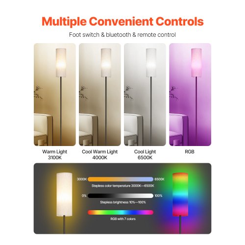 Dimmable Floor Lamp Stepless Adjustable Colors Modern Standing Lamp with Remote
