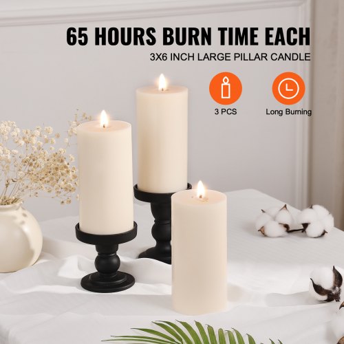 3 Pack White Unscented Pillar Candles 65 Hours Long Burning Pillar Candle