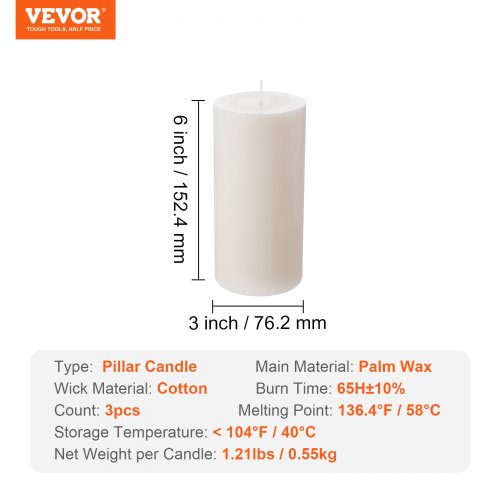 3 Pack White Unscented Pillar Candles 65 Hours Long Burning Pillar Candle