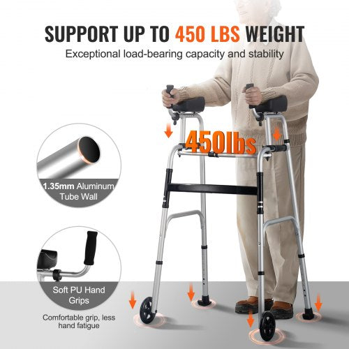 2 in 1 Folding Walker with Armrest Pads 5 Solid Wheel Height Adjustable –