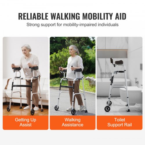 2 in 1 Folding Walker with Armrest Pads 5 Solid Wheel Height Adjustable –