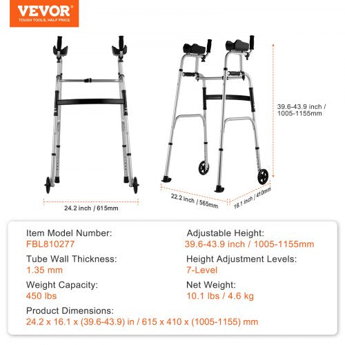 2 in 1 Folding Walker with Armrest Pads 5 Solid Wheel Height Adjustable –