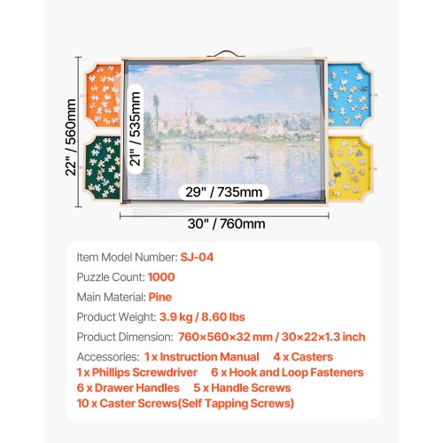 1000 Piece Rotating Puzzle Board with 4 Colorful Felt Drawers and Cover