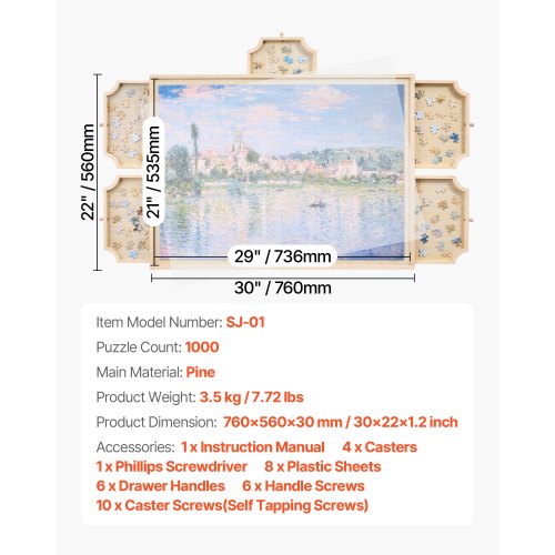 1000 Piece Rotating Puzzle Board with 5 Drawers and Cover 29x21 in Portable