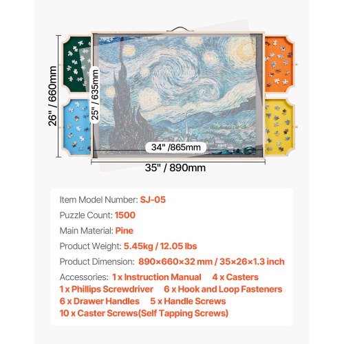 1500 Piece Rotating Puzzle Board with 4 Colorful Felt Drawers and Cover