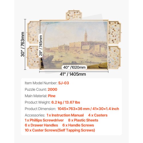 2000 Piece Rotating Puzzle Board with 5 Drawers and Cover 40x29 in Portable