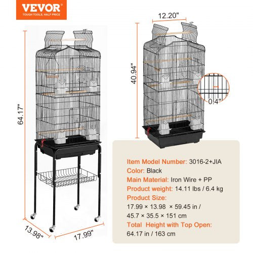 64inch Open Top Large Parrot Bird Cage with Detachable Rolling Stand