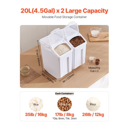 Rice Storage Container 45Gallon20L x2 Capacity Large Dog Food Dispenser