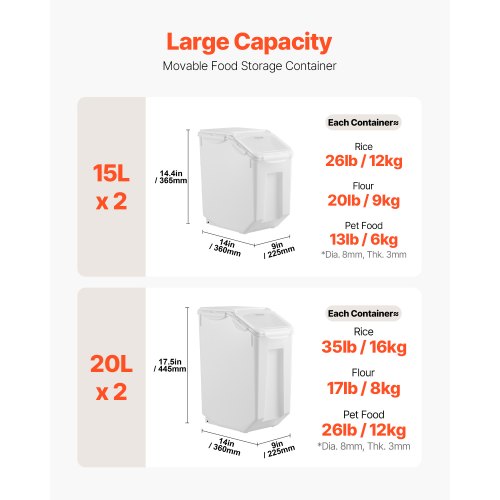 Rice Storage Container 35Gal15Lx2 45Gal20Lx2 Large Dog Food Dispenser