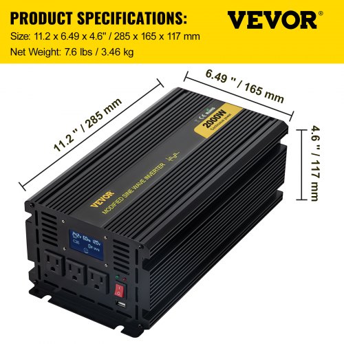 Power Inverter 2000W Modified Sine Wave Inverter DC 12V to AC 120V Car