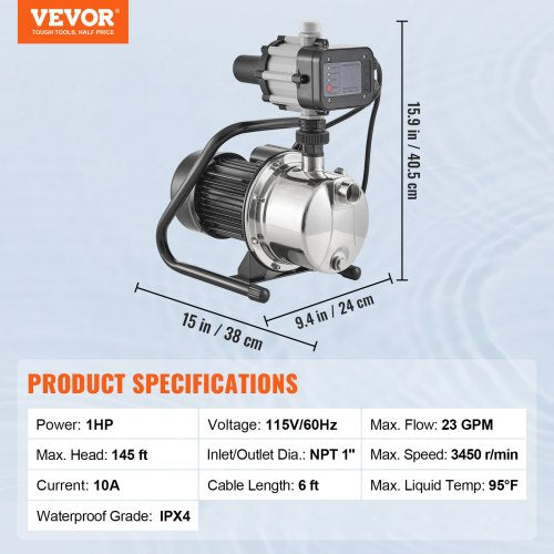 Shallow Well Pump 1HP 115V 1200 GPH 145 ft Head Portable Stainless Steel