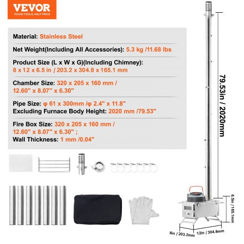 Wood Stove 80 inch Stainless Steel Camping Tent Stove Portable Wood