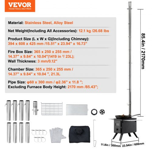 Wood Stove 86 inch Alloy Steel Camping Tent Stove Portable Wood Burning