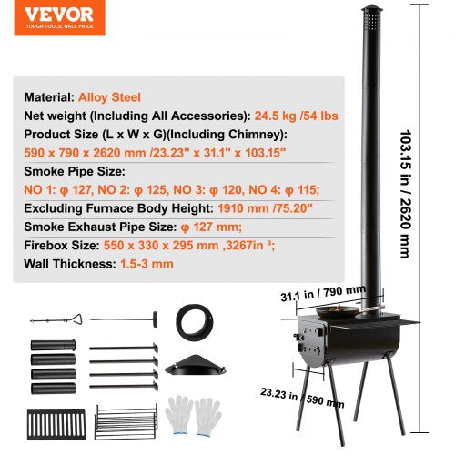 Wood Stove 118 inch Alloy Steel Camping Tent Stove Portable Wood Burning