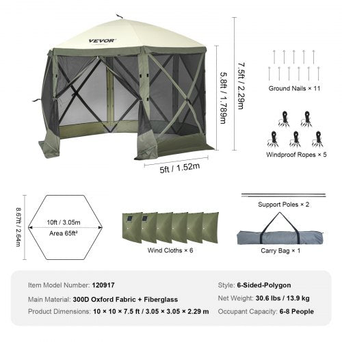 Pop Up Gazebo Tent PopUp Screen Tent 6 Sided Canopy Sun Shelter with 6