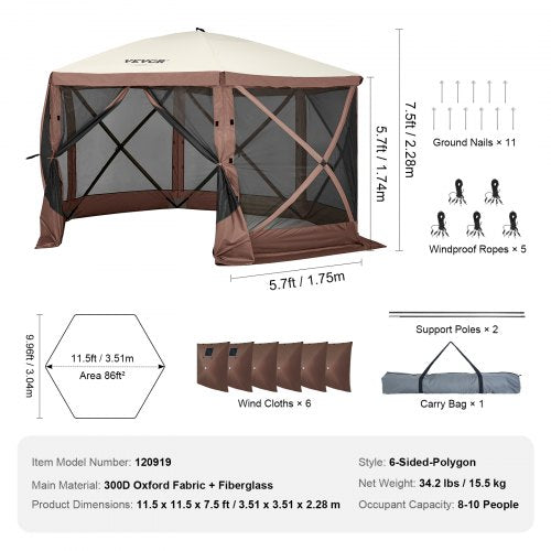 Pop Up Gazebo Tent PopUp Screen Tent 6 Sided Canopy Sun Shelter with 6