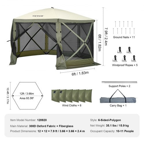 Pop Up Gazebo Tent PopUp Screen Tent 6 Sided Canopy Sun Shelter with 6